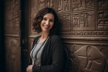 Group portrait photography of a grinning pregnant woman in her 30s that is wearing a chic cardigan against an ancient egyptian or hieroglyphics background . Generative AI