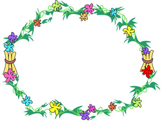 Here's a colorful circular frame of flowers, leaves, flowers, and stick bundles, tropical style.