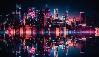 Futuristic skyscrapers illuminate the modern city skyline generated by AI