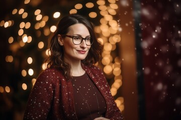Portrait of a beautiful young woman in glasses against the background of a Christmas tree.