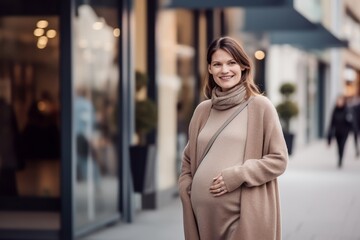 Portrait of a beautiful pregnant woman in a beige coat standing in the city