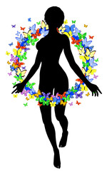 Editable vector illustration of a ring of butterflies around a woman's silhouette