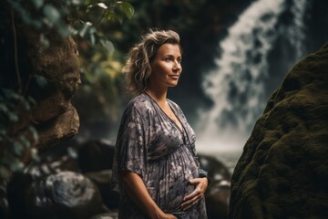 Pregnant woman in the forest with a waterfall on background.