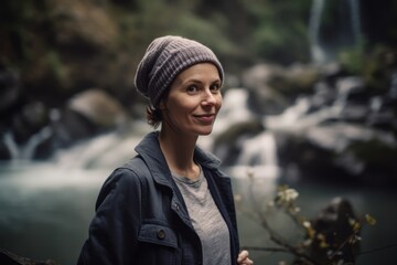 Portrait of a beautiful woman in a hat at the waterfall.