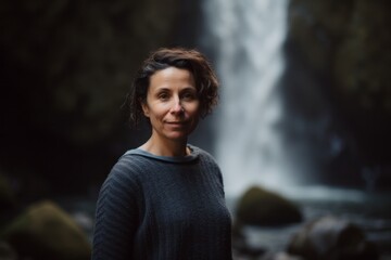 Portrait of a middle-aged woman in front of a waterfall