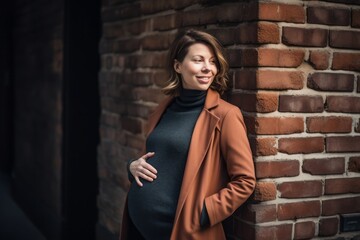 Portrait of a beautiful pregnant woman in a coat on a brick wall background