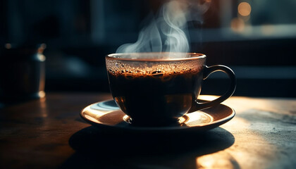 Frothy cappuccino on wooden table, steam rising generated by AI