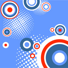 Abstract pattern with strips and dots on an blue background.