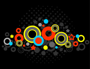 Abstract pattern with circles and dots on a black background.