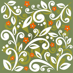 Abstract flowers and curves pattern on a green background.