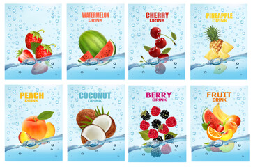 Set of labels with fruit and vegetables drink. Fresh fruits juice splashing together- peach, watermelon, cherry, raspberry, blackberry in water drink splashing. 3d fresh fruits. Vector illustration. - 607599323