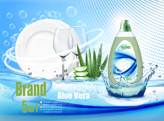 Stack of clean plates and two glasses  in soap foam and bubblies with cleanser bottle with a aloe vera. Realistic dishware  for dishwashing detergent advertising design. Vector - 607599348