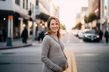 Naklejka na ściany i meble Medium shot portrait photography of a pleased pregnant woman in her 30s that is wearing a cozy sweater against a crosswalk or busy street background . Generative AI
