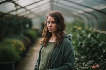 Group portrait photography of a satisfied pregnant woman in her 30s that is wearing a cozy sweater against a greenhouse or glasshouse background . Generative AI