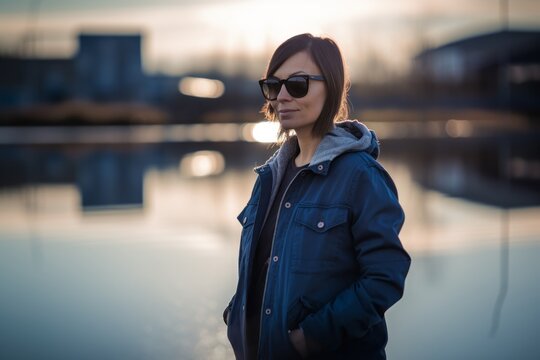 Young beautiful brunette woman in blue jacket and sunglasses posing in an urban context