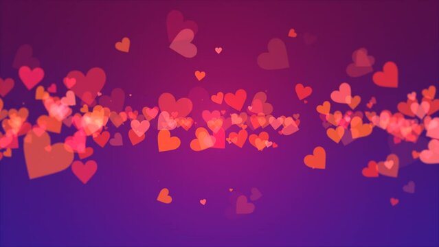 Flying small red romantic hearts on fashion purple sky, motion abstract holidays, love and Valentines day style background