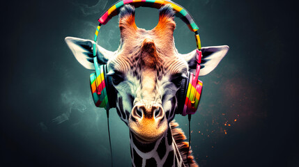 Giraffe head in headphones. giraffe leastening music. Generative AI
