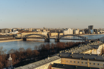 aerial view of saint petersburg. bolsheokhtinsky bridge, Neva river and roof tops on summer evening