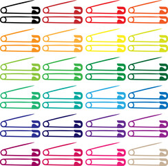 Safety pins in many colors - vector silhouettes