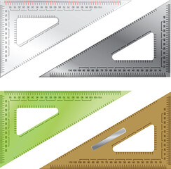 Detailed vector illustration of triangles used in drafting and engineering, with measurement markings and various textures.