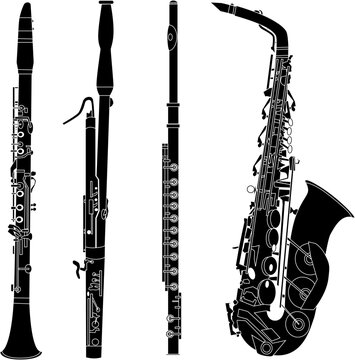Woodwind musical instruments set in detailed vector silhouette