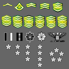 US Army rank insignia for officers and enlisted in vector format with texture - obrazy, fototapety, plakaty