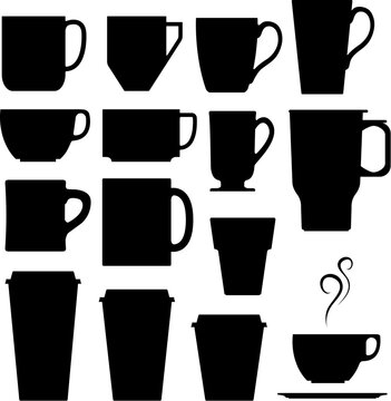 A set of vector silhouettes of coffee and beverage mugs and cups.