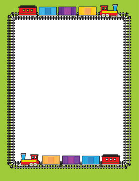 A border of train tracks with two trains going around on them