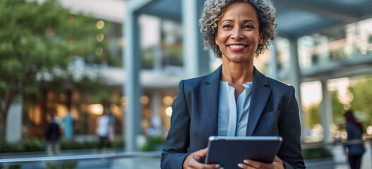 Mid age afro business woman smiling with digital tablet.Image generative AI.