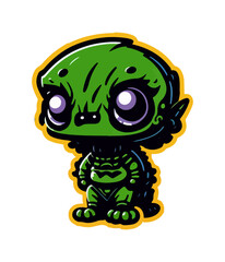 Cute space alien sticker. Alien with ufo in flat cartoon style.