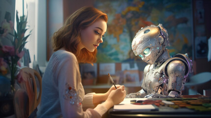 a beautiful girl painting an artwork together with an futuristic robot, fictional person created with generative ai