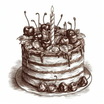 recommend clip art: Birthday Cake Cherry Dessert Flower Wedding Cake Celebration Sketch Hand Drawn Drawing Art Illustration Generative AI