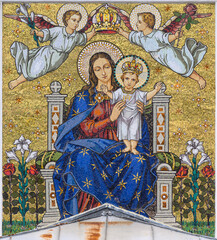 The mosaic on the front of Our Lady of the Holy Rosary Church in Haslau-Maria Ellend, Austria. 2022/12/14.