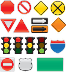 A collection of vector traffic signs and symbols. Great for use on maps or to convey traffic related messages. Included are a stop sign, yield sign, traffic lights, interstate and highway signs, one w © Designpics