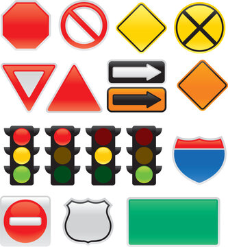A collection of vector traffic signs and symbols. Great for use on maps or to convey traffic related messages. Included are a stop sign, yield sign, traffic lights, interstate and highway signs, one w
