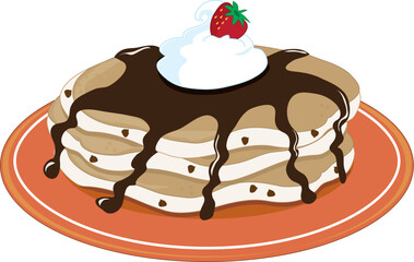 A stack of pancakes with chocolate syrup and whipped cream