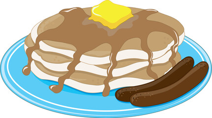 A stack of pancakes with two sausages