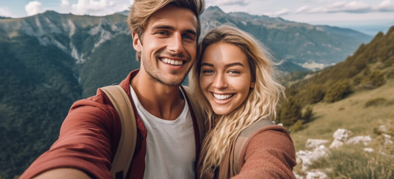 couple taking a selfie in the mountains. Image generative AI.