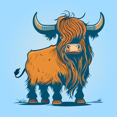 Illustration of a cartoon calf of the highland cow in the caricature style - obrazy, fototapety, plakaty
