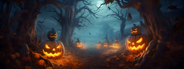 A Halloween-themed banner with a sinister, fog-shrouded forest and ghostly pumpkin lanterns, setting a chilling scene