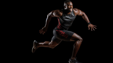 Fototapeta na wymiar Afro athlete running against black background. Sportwear advert concept. Image generative AI.