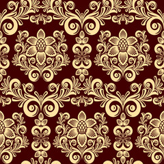 Seamless from leaves and flowers on red  background (can be repeated and scaled in any size)
