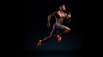 Obraz premium Sport competition.Sport man running on black color background. Sportwear advert concept.Image generative AI.