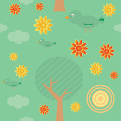 Retro style seamless background with tree, sun, clouds, flowers and birds