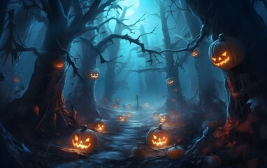 A foreboding dark forest adorned with pumpkin lanterns, capturing the essence of Halloween's frightful allure.