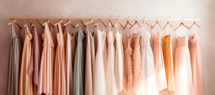 Beautiful and delicate haute couture clothing. Wedding and party dresses for women. Dresses hanging on a rack in a clothing store. Light and subdued colors. Sale of women's clothing. Generative ai.
