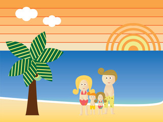 Retro Beach Sunset Landscape Family Vacation