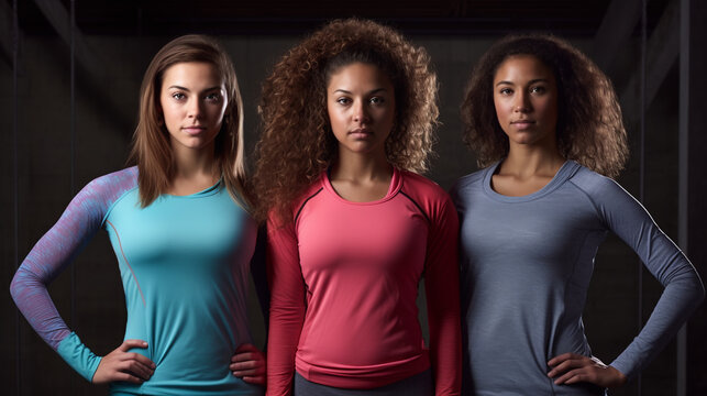 three women wearing sportwear in a gym standing looking at camera.  Image generative AI.