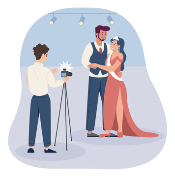 Beauty contest concept. Man takes picture of young guy with girl in dress. Pageant and stylish woman. Aesthetics and elegance. Party and luxury show. Cartoon flat vector illustration