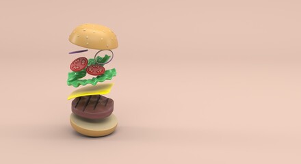 Hamburger, all layers of a hamburger, bun, meat, lettuce, cheese, tomato and onion in a delicious sesame seed bun, delivery flyer, fast food banner (3d illustration)
